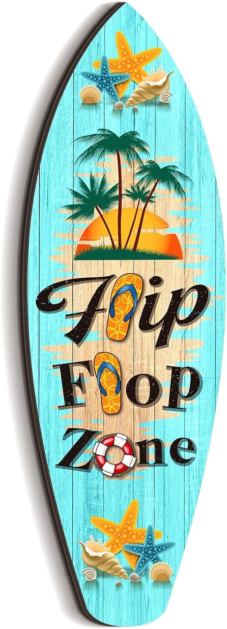 Surfboard Wall Decor 5 x 16 Inch Wooden Beach Theme Wall Hanging Sign Tropical Flip Flop Wall Art Surf Board Wall Decoration for Bathroom Outdoor Indoor Summer Decor